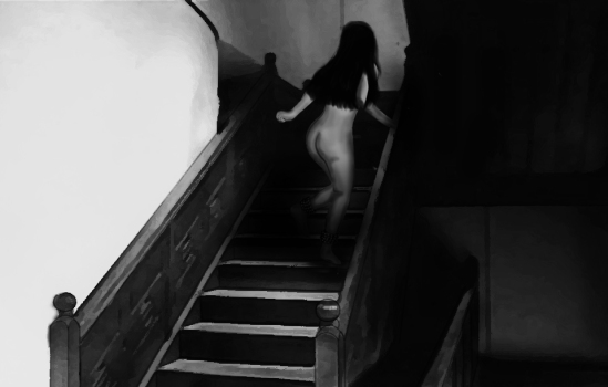 Nagavalli climbing stairs to thekkini nude - Artist's impression. (Click to enlarge the image.)